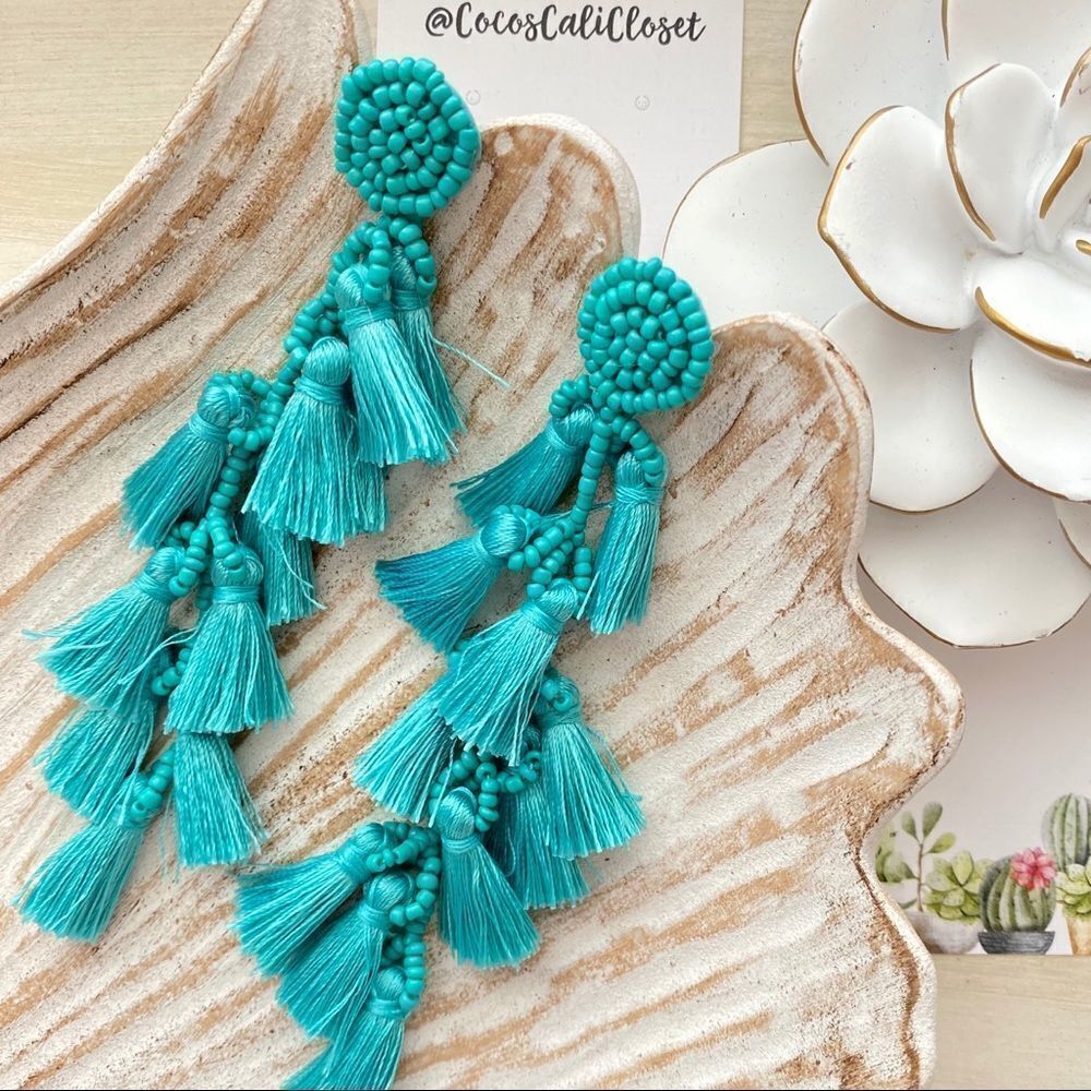 Boho Tiered Tassel Beaded Drop Turquoise Earrings NWT